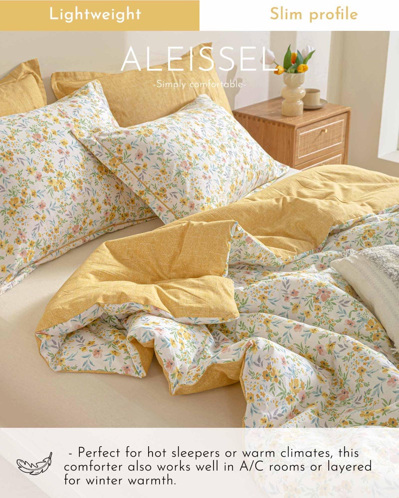 ALEISSEL Natural Cotton 3pcs Floral Comforter Sets King Size-Yellow Comforter with Pink & Yellow Flowers and Blue & Green Leaves on White  Reversible Lightweight Bedding Sets(King 104""?90"") - Image 4